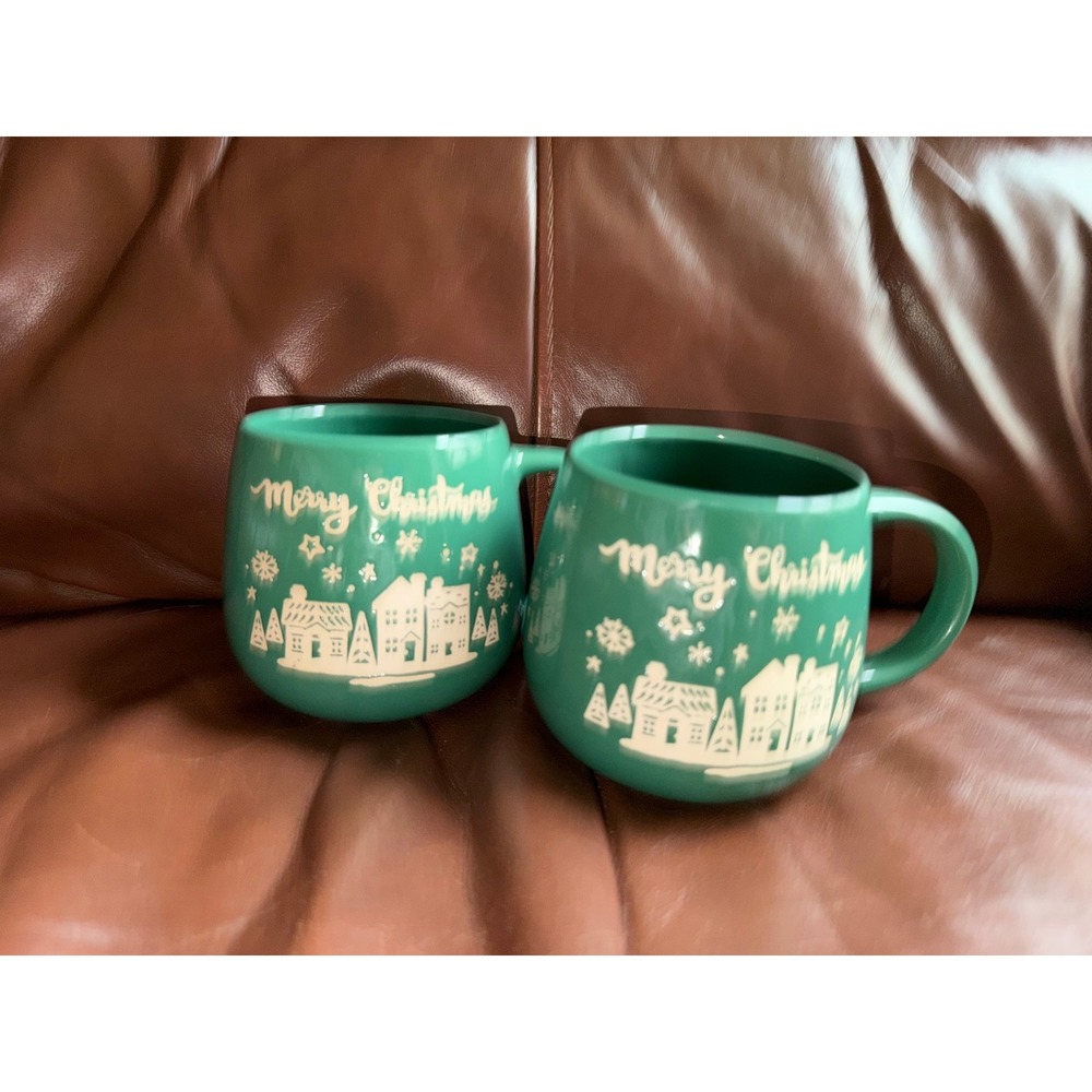 Holiday Style‎ Green Village Mug Set 2 Merry Christmas 18oz Ceramic Large Cups